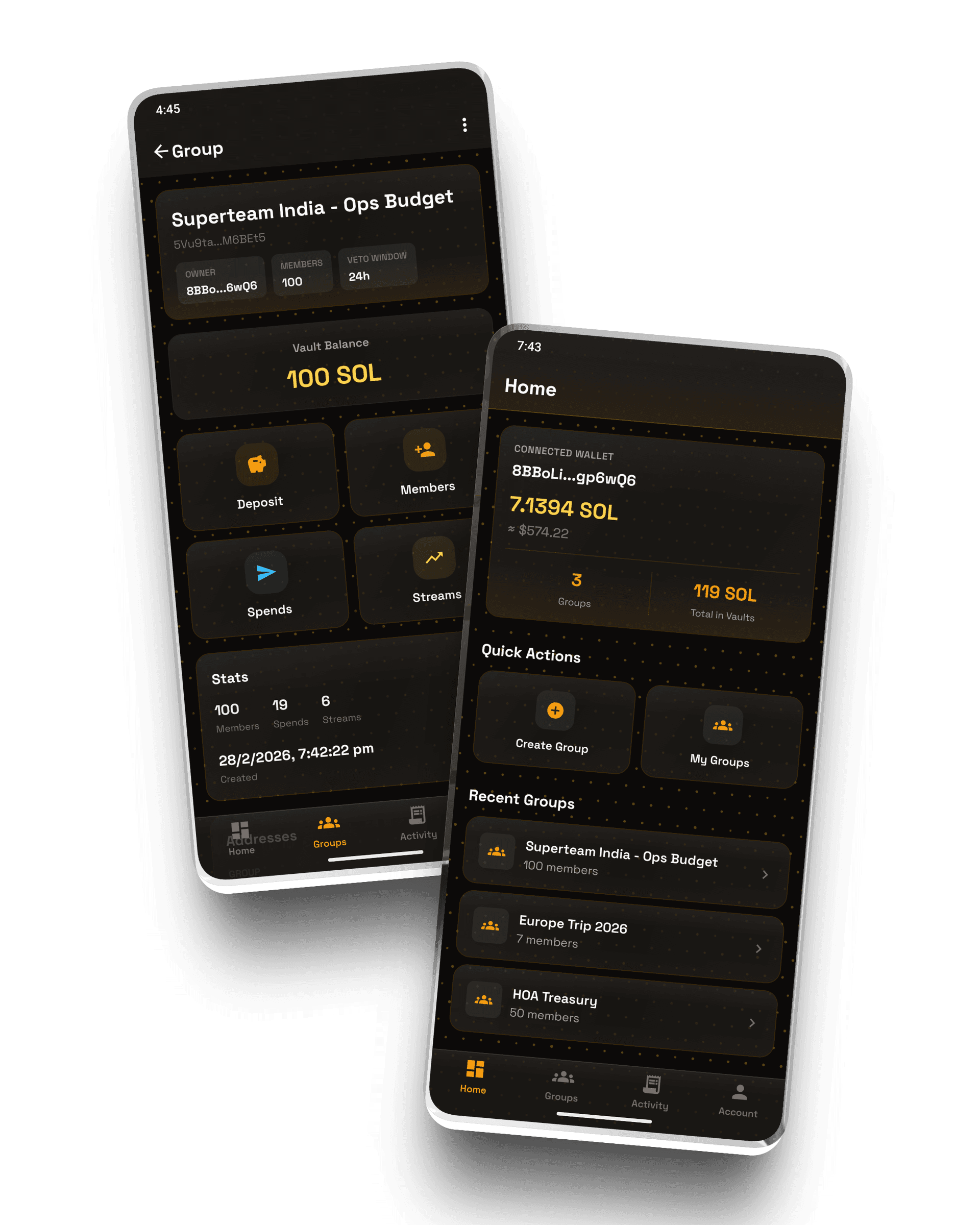 Vestry mobile app showing group treasury and home screen